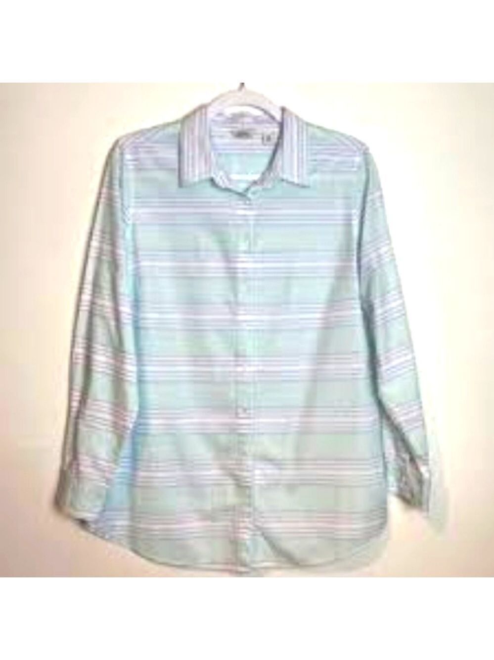 L.L. Bean Cotton Mint Green Light Blue Striped Button Down Shirt Size Large - Picture 2 of 11